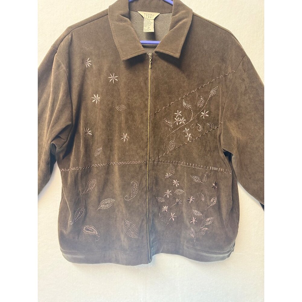 Teddi Embroidered Brown Jacket XL Polyester Spandex Zip-Up Floral Decorations - Picture 2 of 11